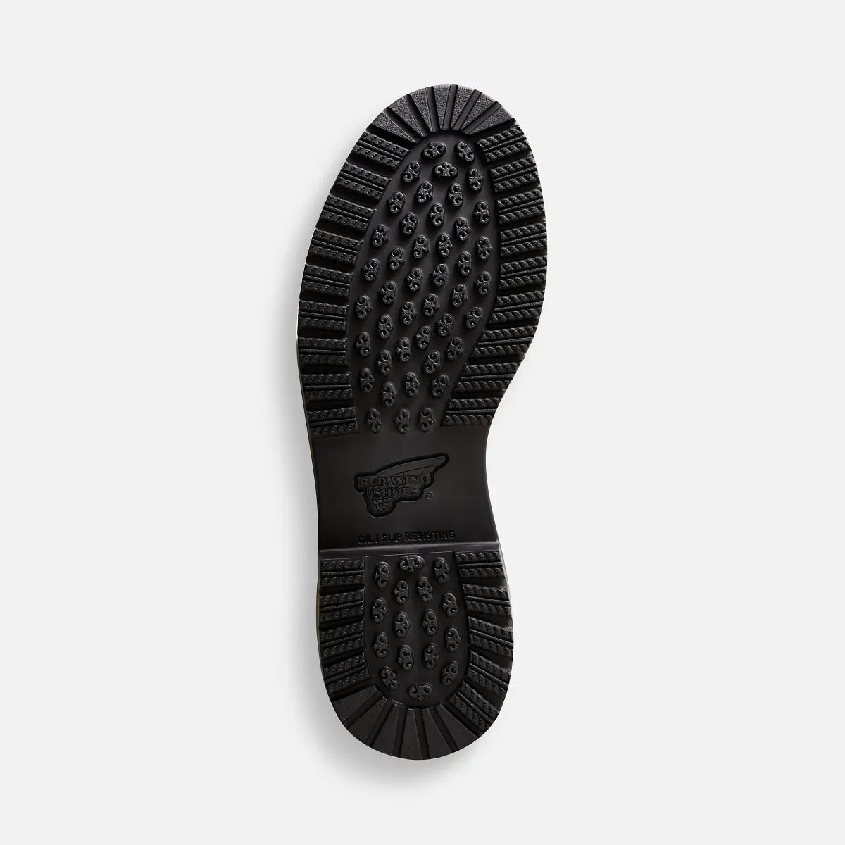 Red Wing 2545 SuperSole X 6-Inch Safety Boot - outsole view showing SuperSole X oil and slip resistant black rubber tread pattern with Red Wing logo