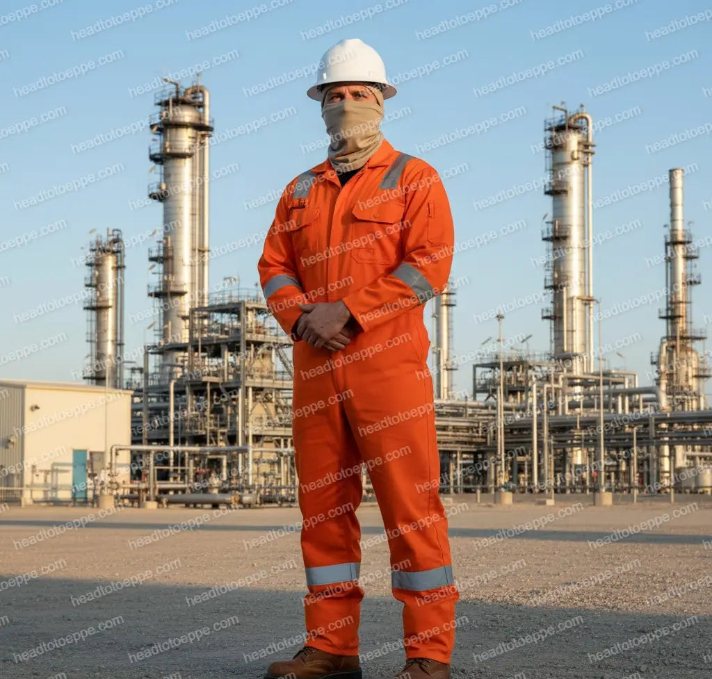 Red Wing 77002 FR Neck Gaiter — Full Body View, Oil & Gas Refinery Worker, FR Coverall, Malaysia Workwear