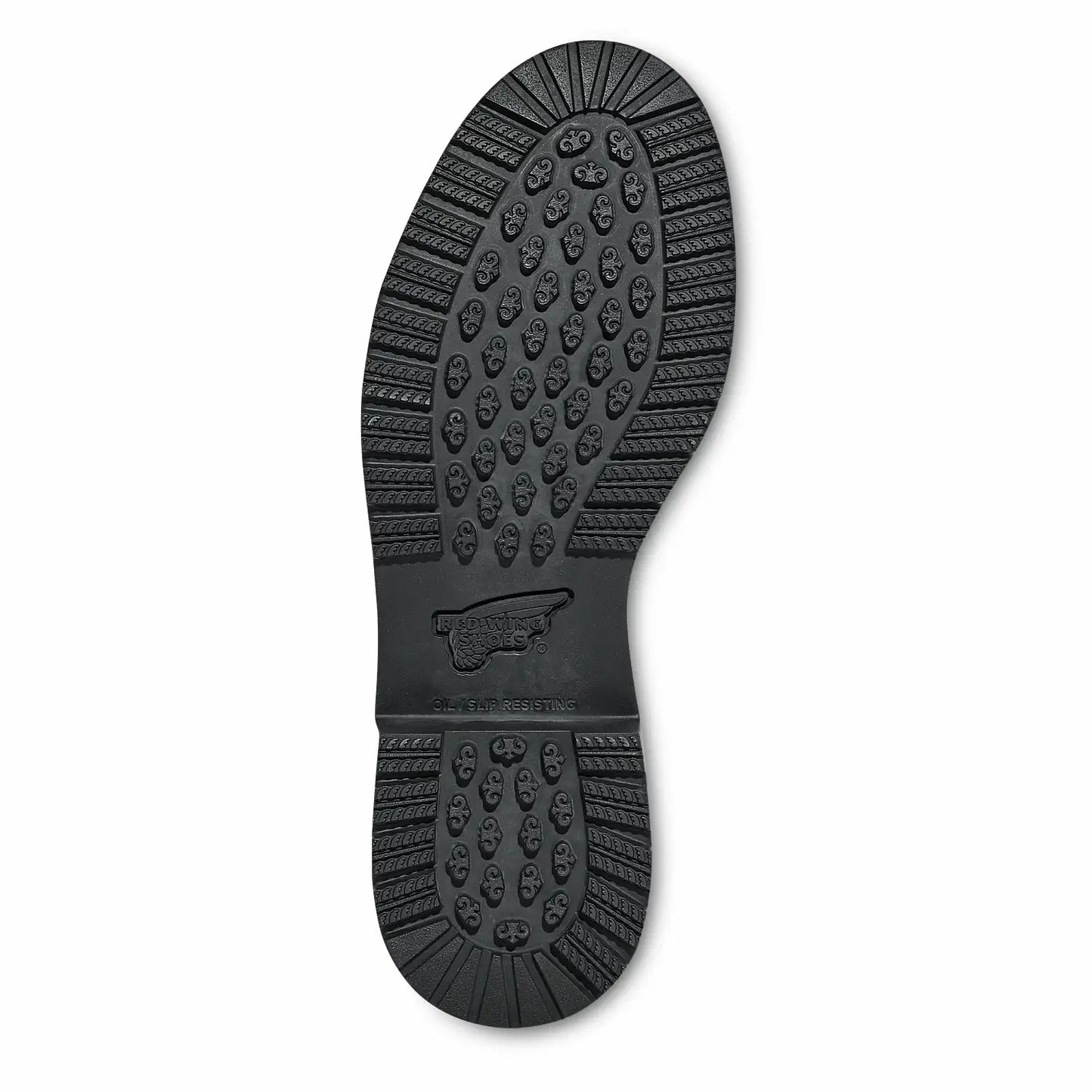 Red Wing 2541 SuperSole X Pull-On Safety Boot - outsole view showing SuperSole X oil and slip resistant black rubber tread pattern with Red Wing logo