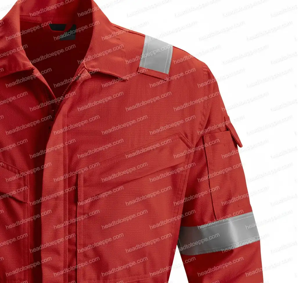Red Wing 61140 Cotton Coverall — Upper Body Detail, Reflective Shoulder Tape, Chest & Arm Pockets, Red