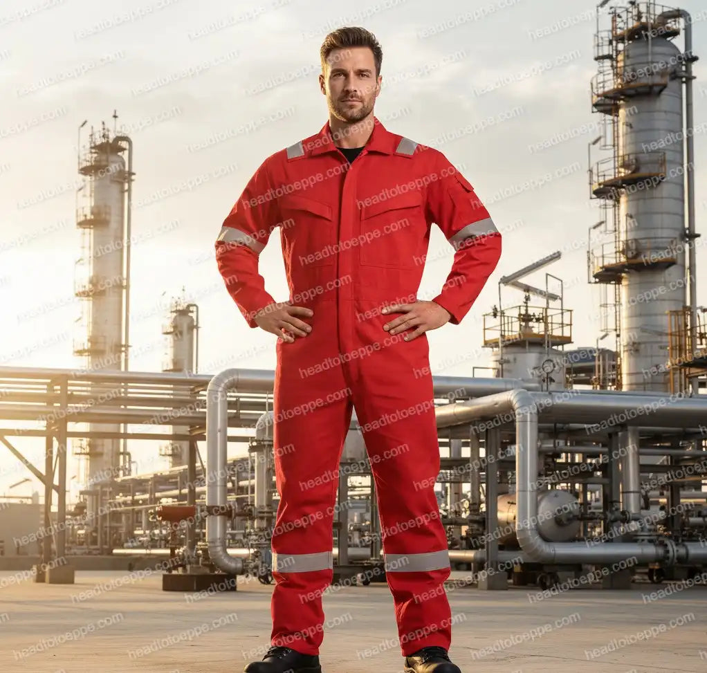 Red Wing 61140 Cotton Coverall on Oil Refinery Worker — Red Industrial Coverall, Malaysia Workwear