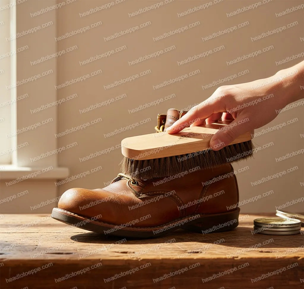 Red Wing 97106 Leather Care Brush in Use — Brushing Red Wing Boot, Boot Care Malaysia