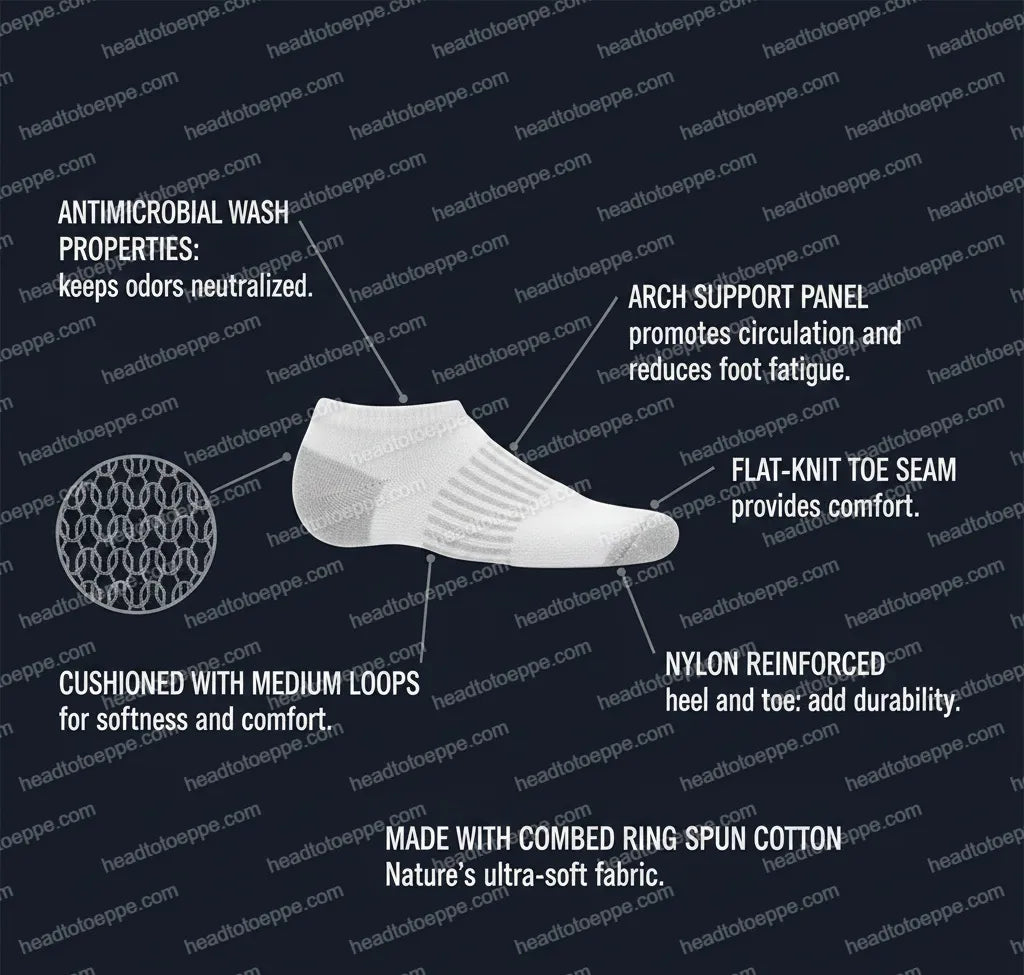 Red Wing 97261 Low Cut Socks Features — Arch Support, Antimicrobial, Flat-Knit Toe Seam, Combed Cotton