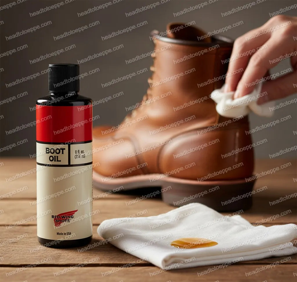 Red Wing 98009 Boot Oil — Cloth Application on Brown Leather Boot, Leather Conditioning, Malaysia