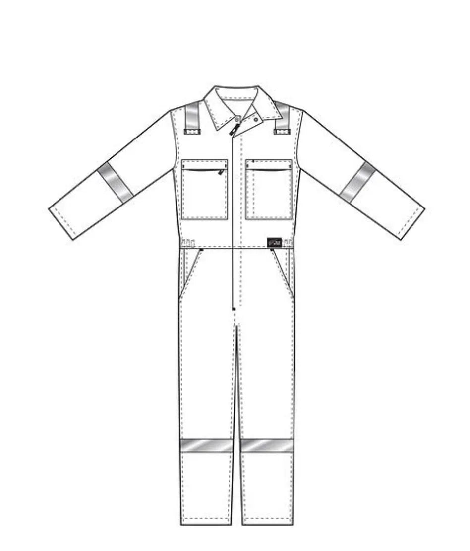 Red Wing 61615 FR Coverall Technical Drawing — Chest Pockets, Zip Front, Reflective Tape, Pocket Layout
