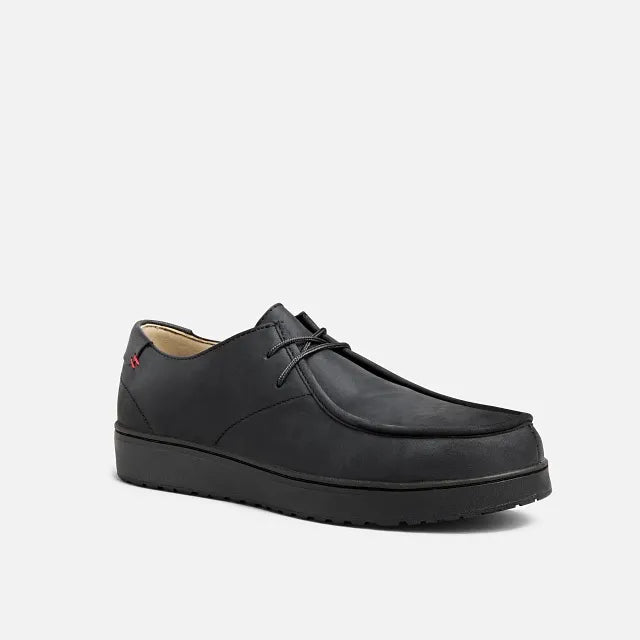 Red Wing 2182 Draftsmith Oxford Safety Shoe - 3/4 front angle showing black leather upper, moc toe stitching and aluminum safety toe
