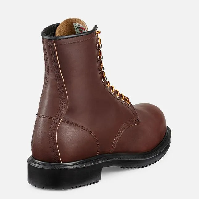 Red Wing 2233 SuperSole 8-Inch Safety Boot — Rear View, Red Wing Insole Tag, Padded Collar