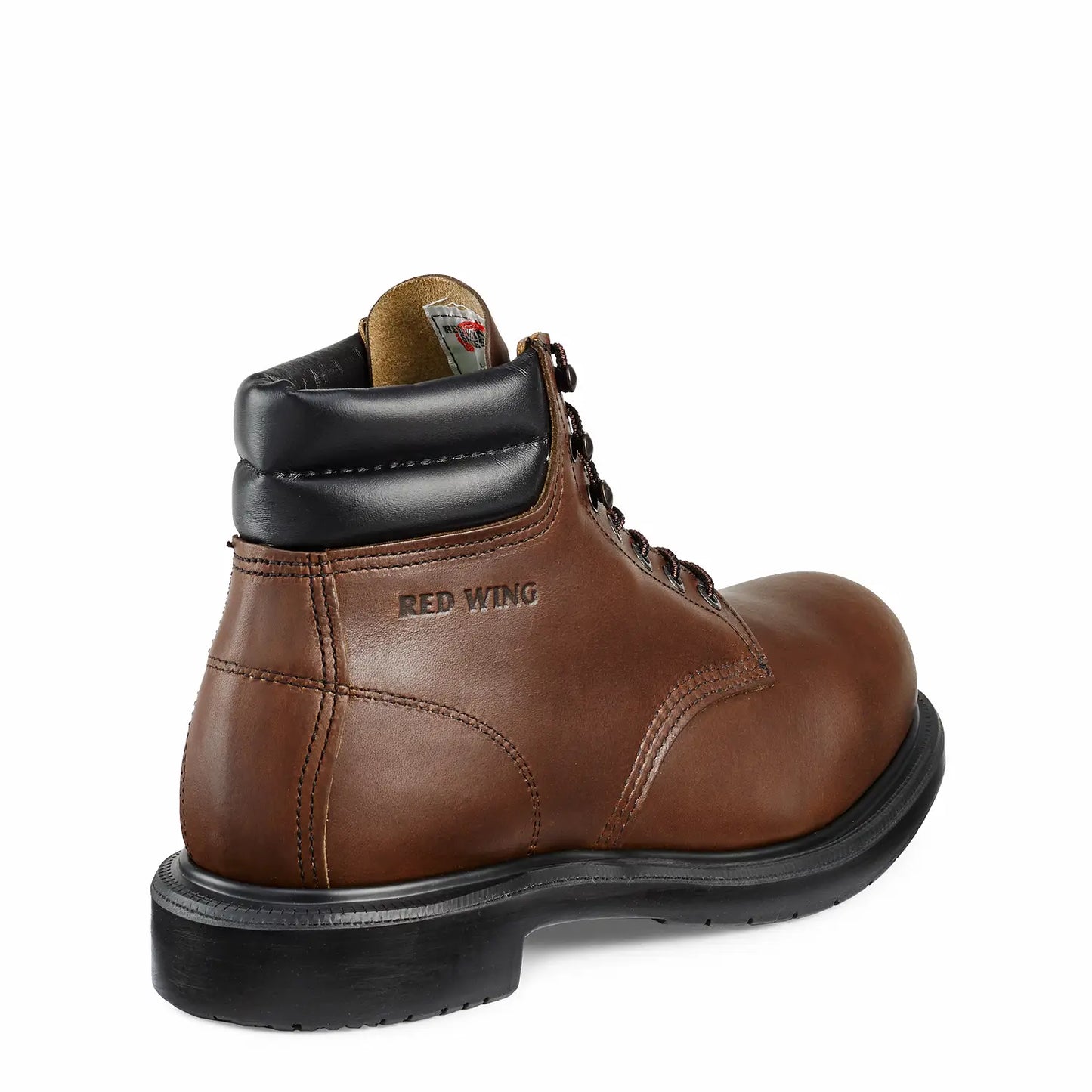 Red Wing 2245 SuperSole Safety Boot — Rear View, Red Wing Branding, Black Padded Collar, Pull Tab