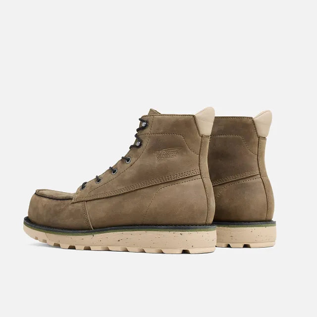 Red Wing 2476 Traction Tred Lite 6-Inch Safety Boot - rear pair view showing Red Wing logo tab, heel counter and welt construction