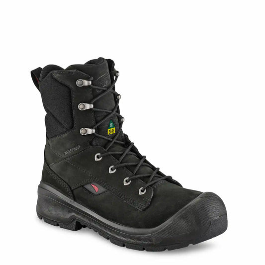 Red Wing 3031 VersaPro 8-Inch Safety Boot – 3/4 Front Angle View – Black Waterproof Nubuck – SD and CSA Certification Badge Visible