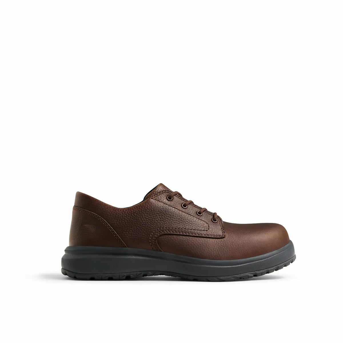 Red Wing 3090 Excelon Oxford Safety Shoe - lateral side view, brown full grain leather upper with black Excelon EH outsole