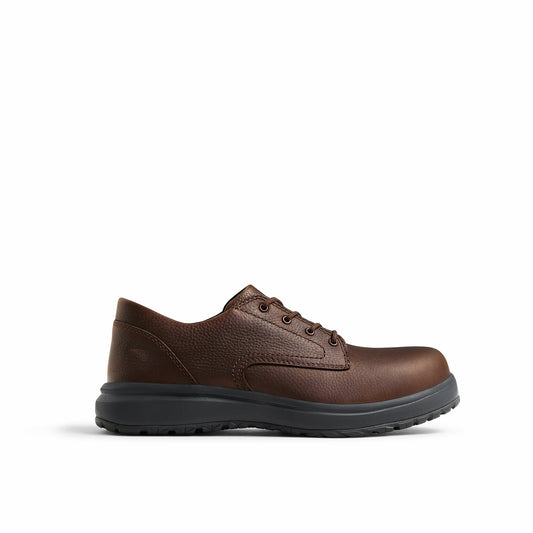 Red Wing 3090 Excelon Oxford Safety Shoe - lateral side view, brown full grain leather upper with black Excelon EH outsole