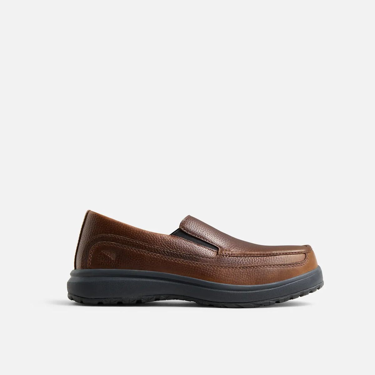 Red Wing 3093 Excelon Slip-On Safety Shoe - lateral side view, brown full grain leather upper with black Excelon EH outsole