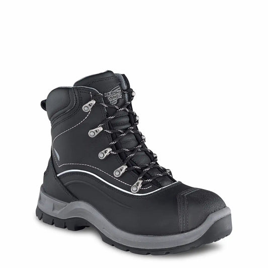 Red Wing 3209 PetroKing Women's 6-Inch Safety Boot – 3/4 Front Angle View – Black Leather – Lace-Up with Metal Eyelets