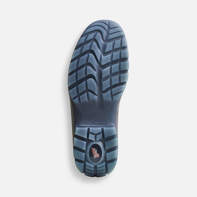 Red Wing 3210 Flexbond Oxford Outsole — Red Wing Logo, Blue-Grey Lug Tread, Slip-Resistant
