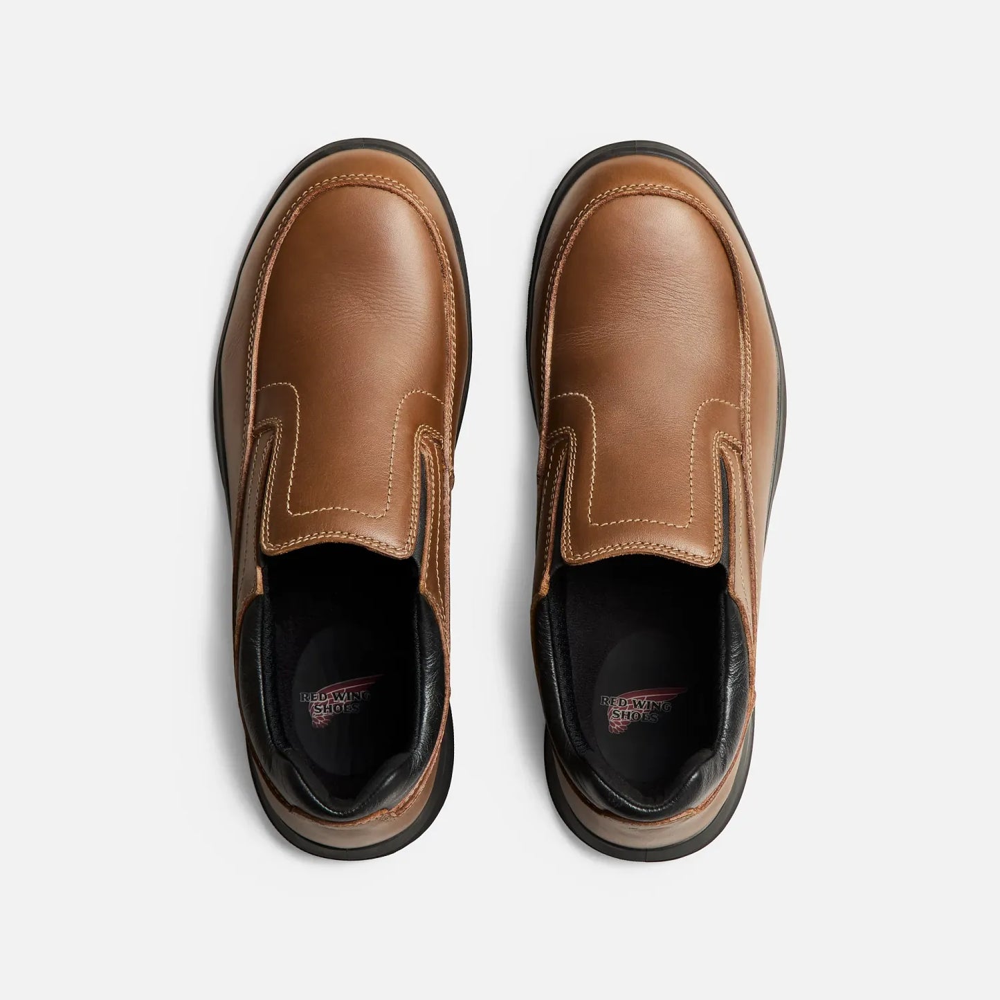 Red Wing 3253 ComfortMax OTF Oxford — Top View Pair, Slip-On, Moc Toe Stitching, Red Wing Insole