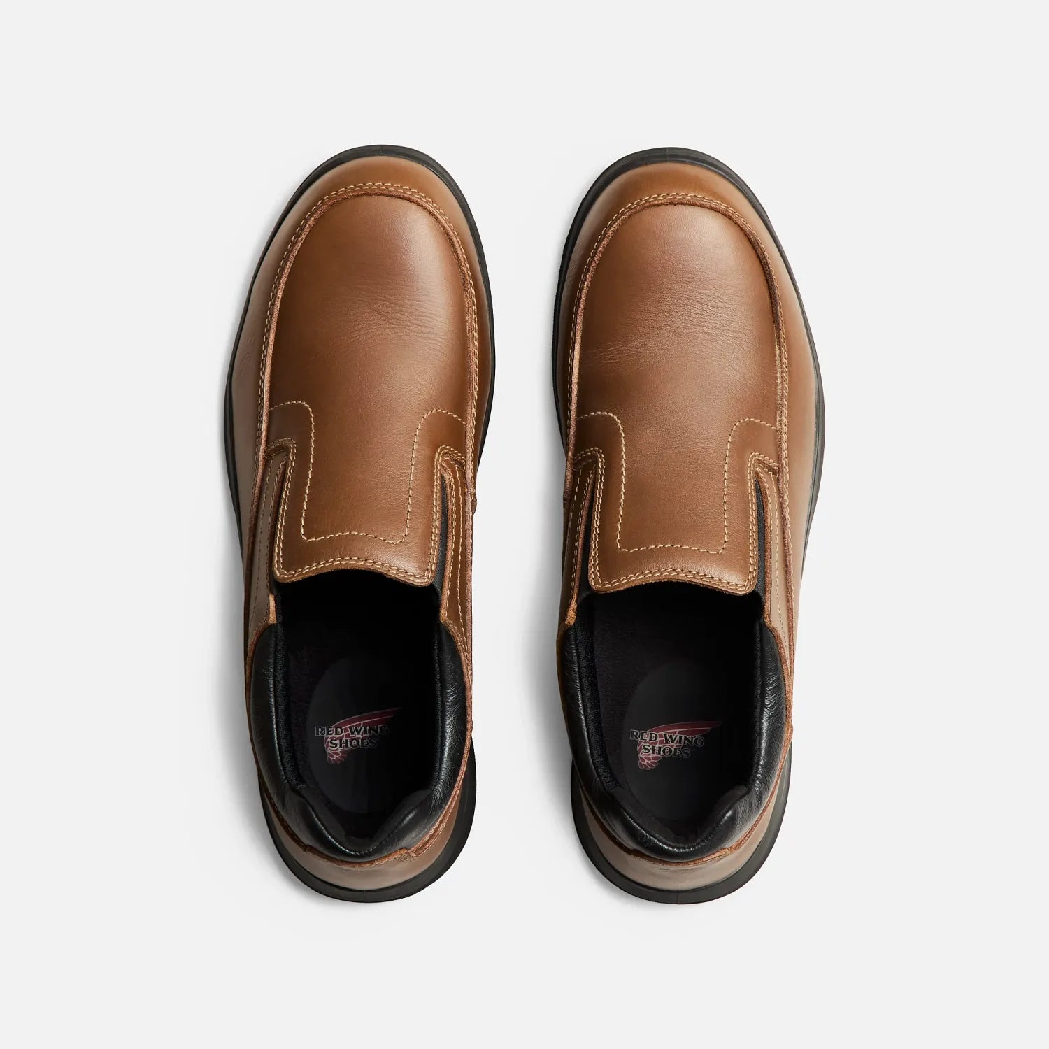 Red Wing 3253 ComfortMax OTF Oxford — Top View Pair, Slip-On, Moc Toe Stitching, Red Wing Insole