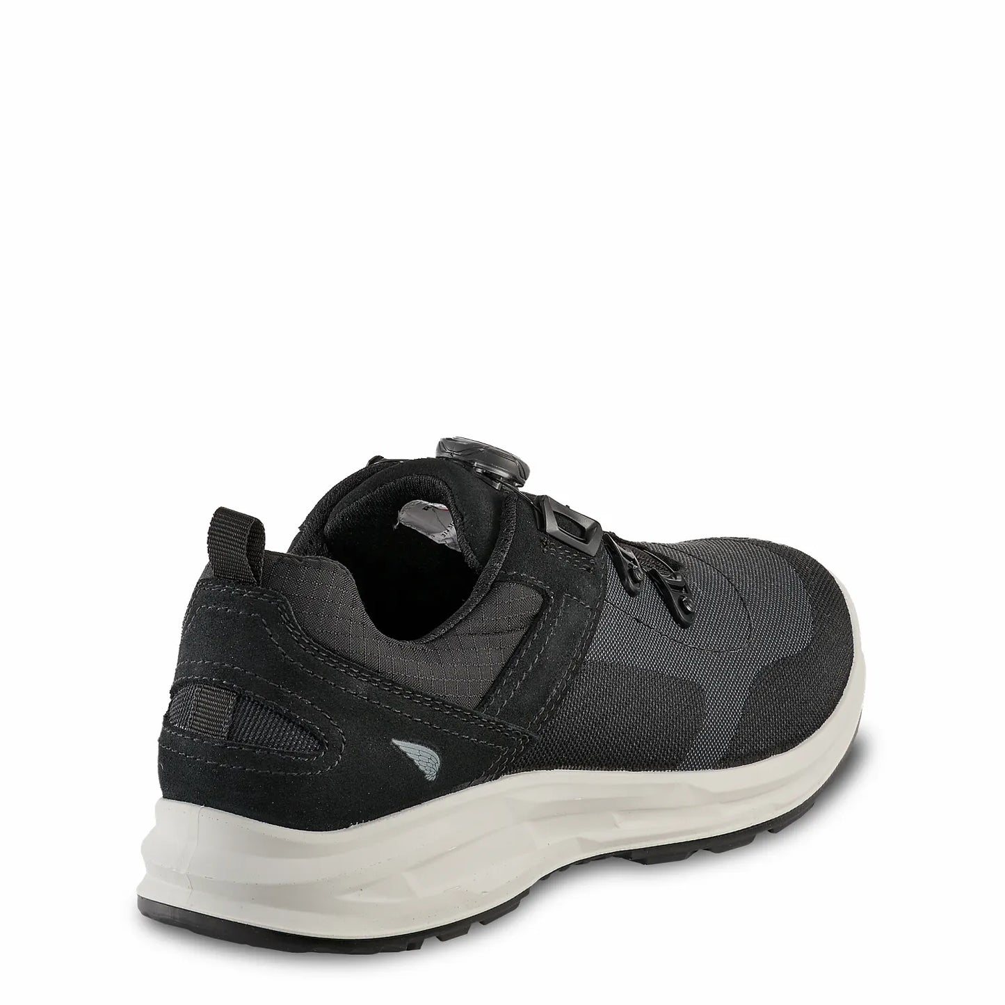 Red Wing 3295 BOA ShieldLite Safety Shoe — Rear View, Pull Tab, White Midsole, Black Mesh Upper