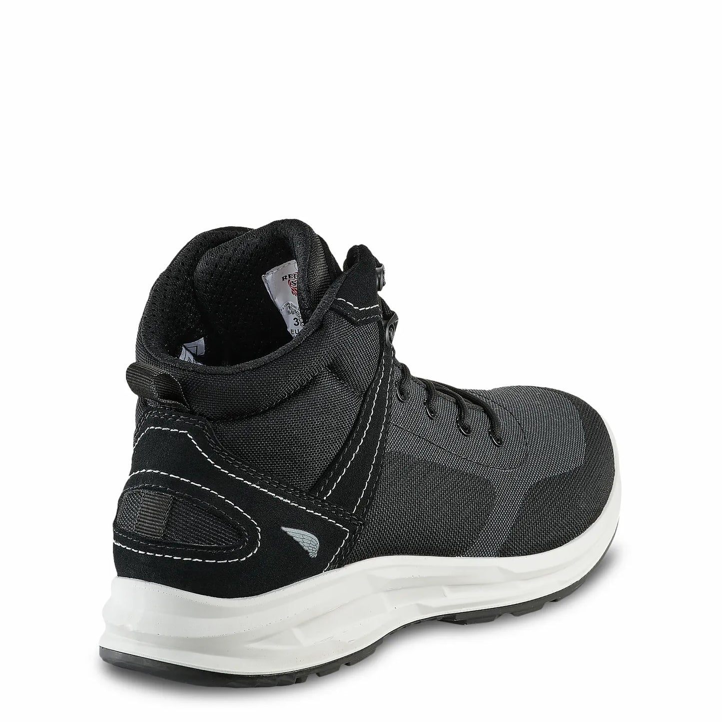 Red Wing 3297 ShieldLite Safety Boot — Rear View, Padded Collar, Pull Tab, Black Mesh Upper