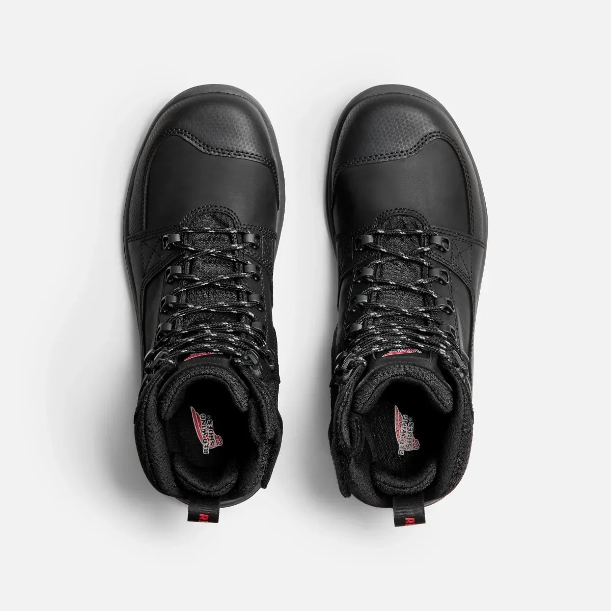 Red Wing 3532 Tradesman Safety Boot — Top View Pair, Red Wing Insole, Black Leather, Lace-Up