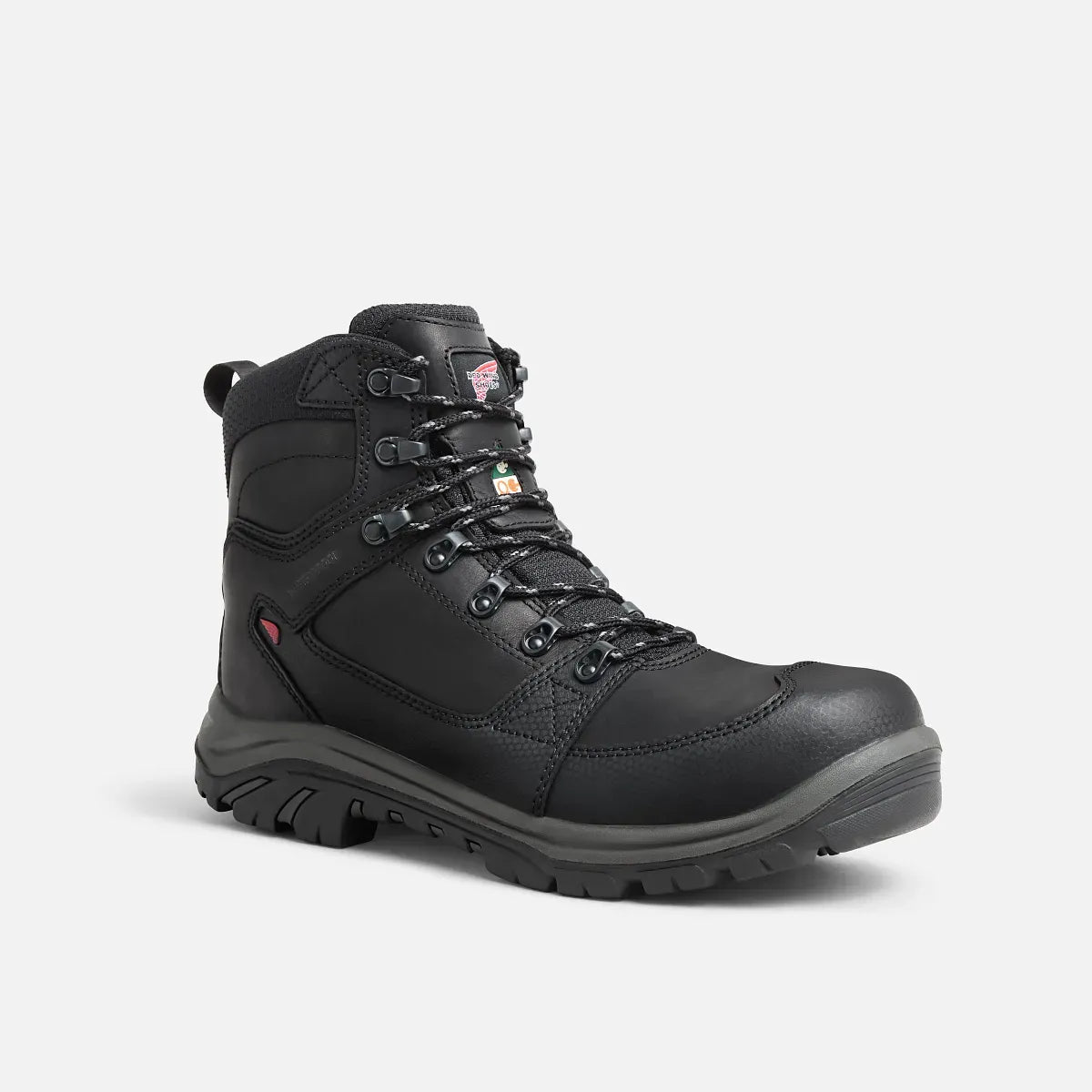 Red Wing 3532 Tradesman 6-Inch Safety Boot — Front 3/4 View, Composite Toe, Black Leather, EH Rated