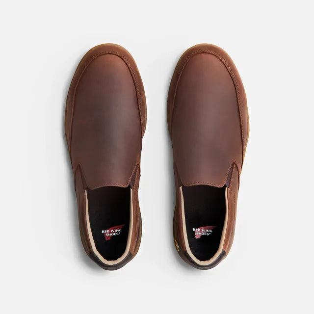 Red Wing 3538 Draftsmith Slip-On Safety Shoe - top view showing pair with Red Wing branded insole and slip-on opening