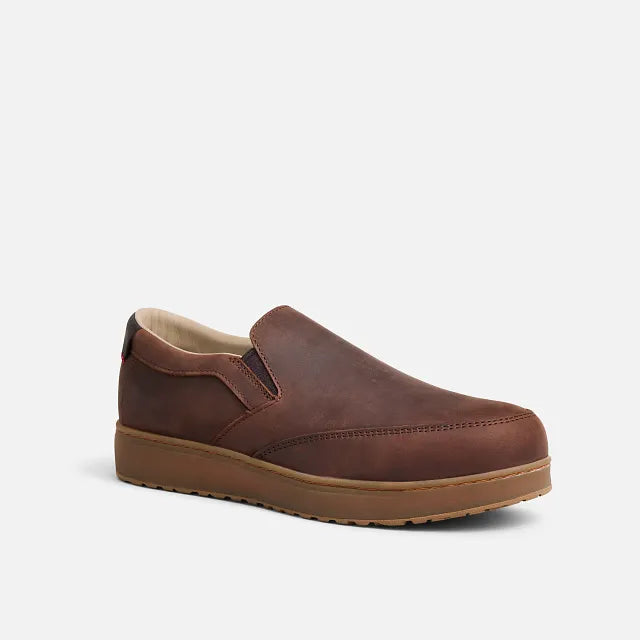 Red Wing 3538 Draftsmith Slip-On Safety Shoe - 3/4 front angle showing nubuck leather upper and aluminum safety toe