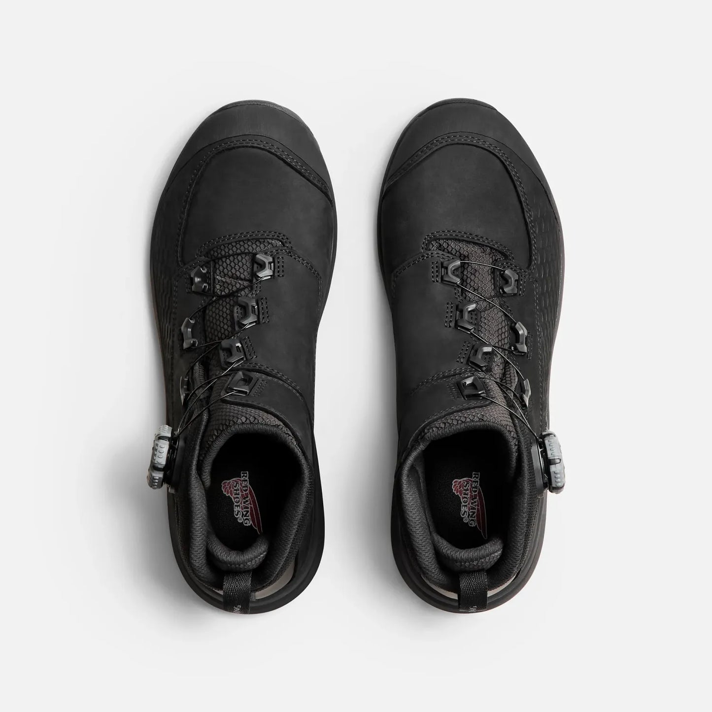 Red Wing 3574 Apex BOA Waterproof Safety Boot – Top View of Pair – BOA Dial and Red Wing Insole Branding