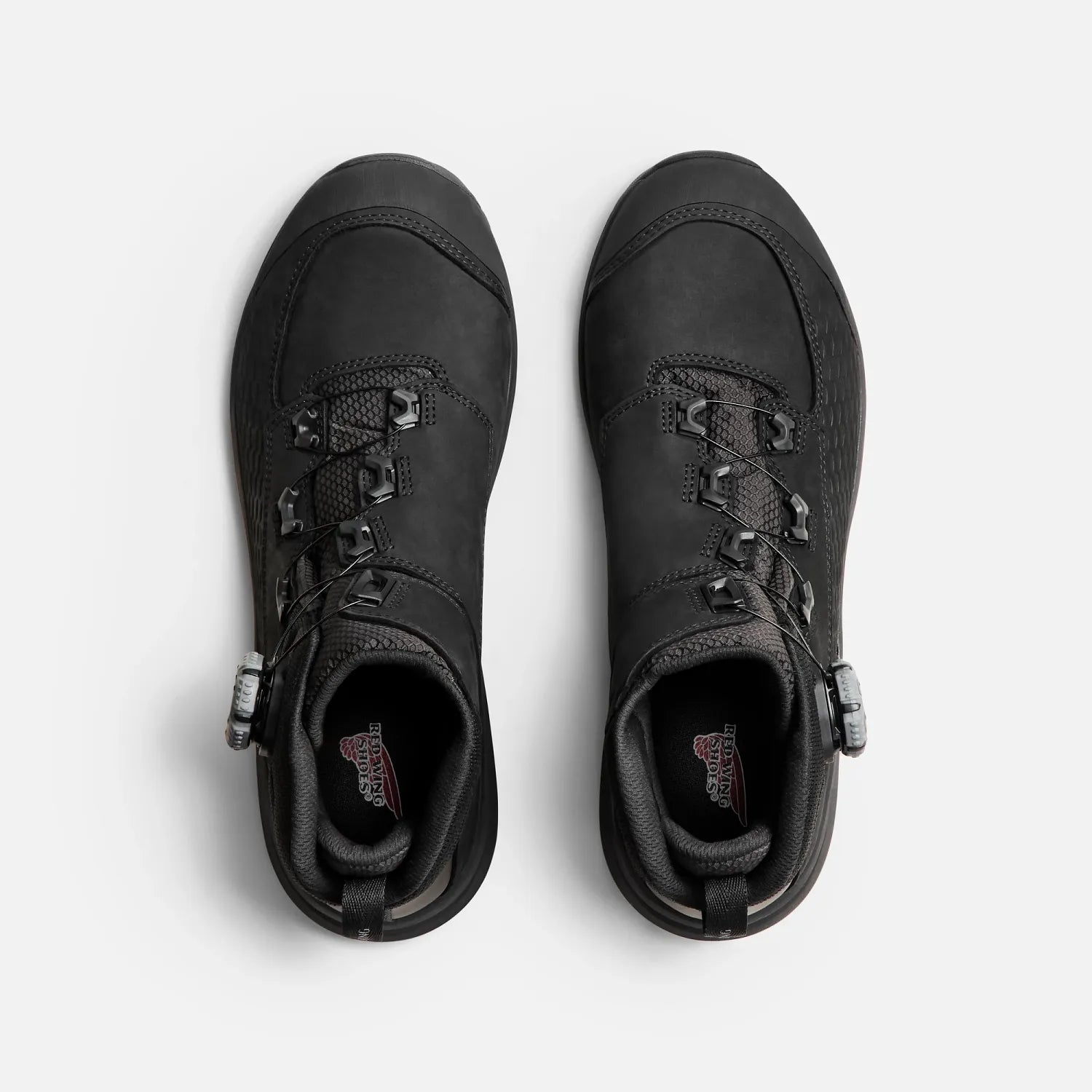Red Wing 3574 Apex BOA Waterproof Safety Boot – Top View of Pair – BOA Dial and Red Wing Insole Branding