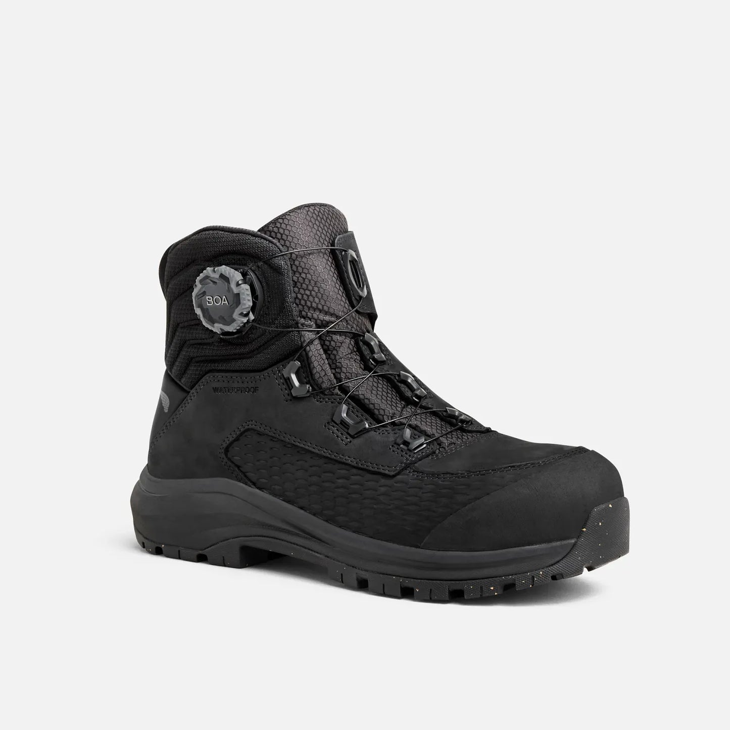 Red Wing 3574 Apex BOA Waterproof 6-Inch Safety Boot – 3/4 Front Angle View – Black Nubuck Upper