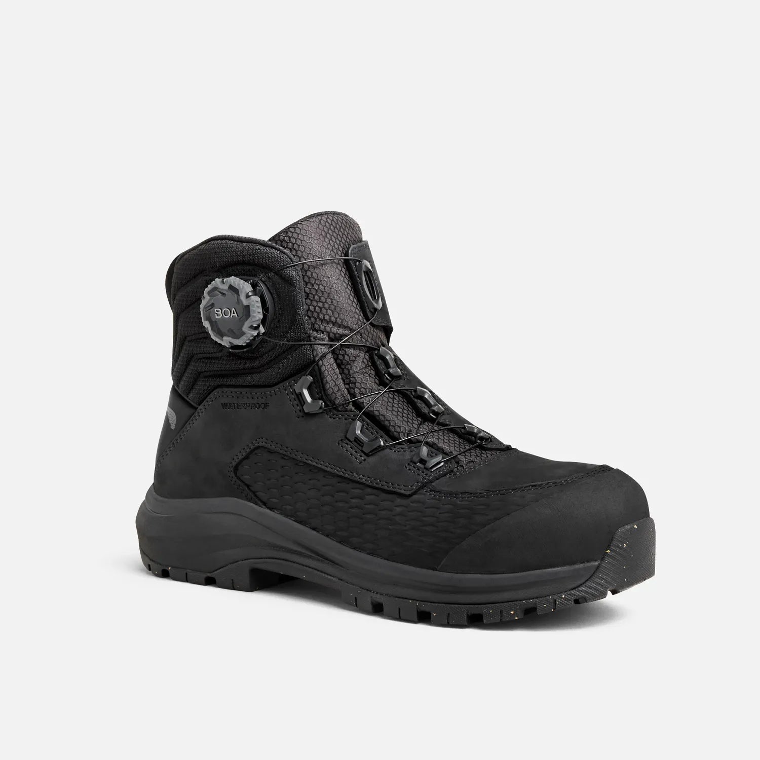 Red Wing 3574 Apex BOA Waterproof 6-Inch Safety Boot – 3/4 Front Angle View – Black Nubuck Upper