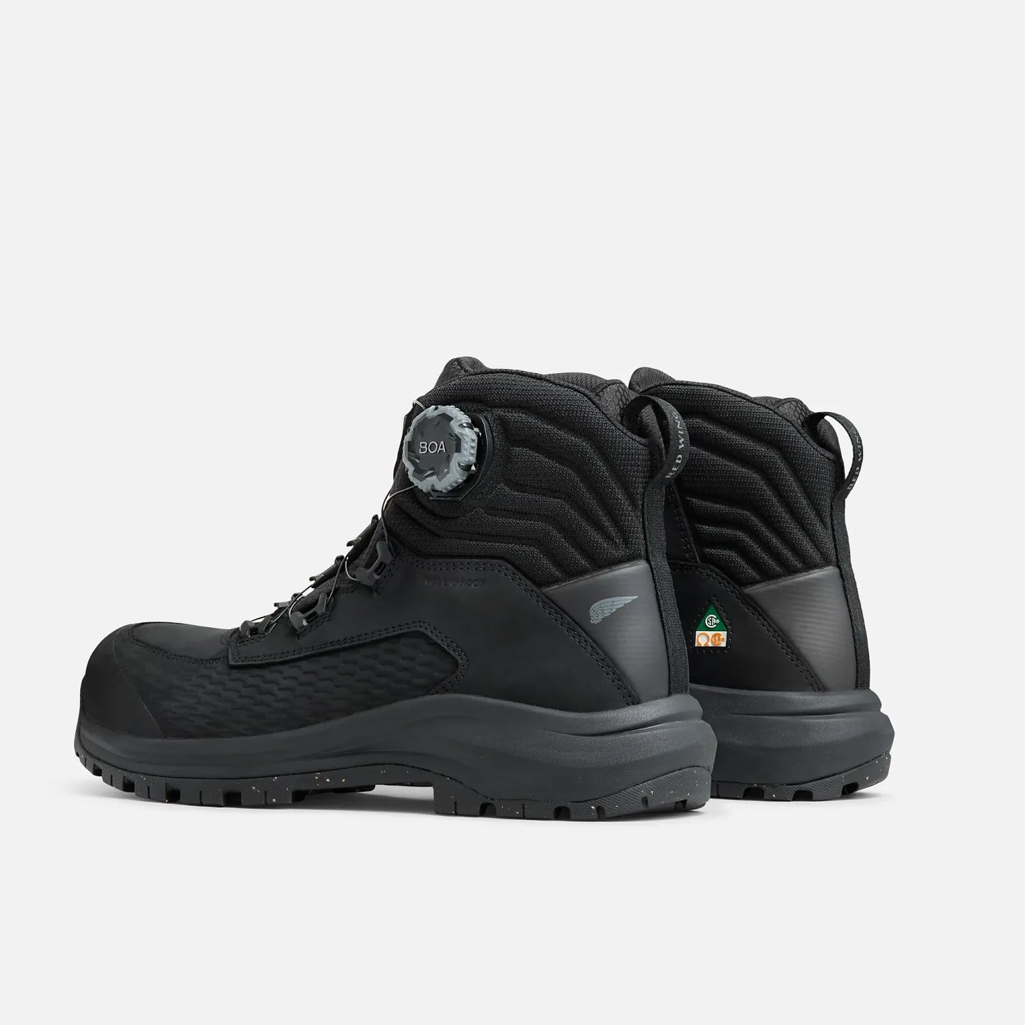 Red Wing 3574 Apex BOA Safety Boot – Rear 3/4 View – CSA and Safety Certification Labels on Heel