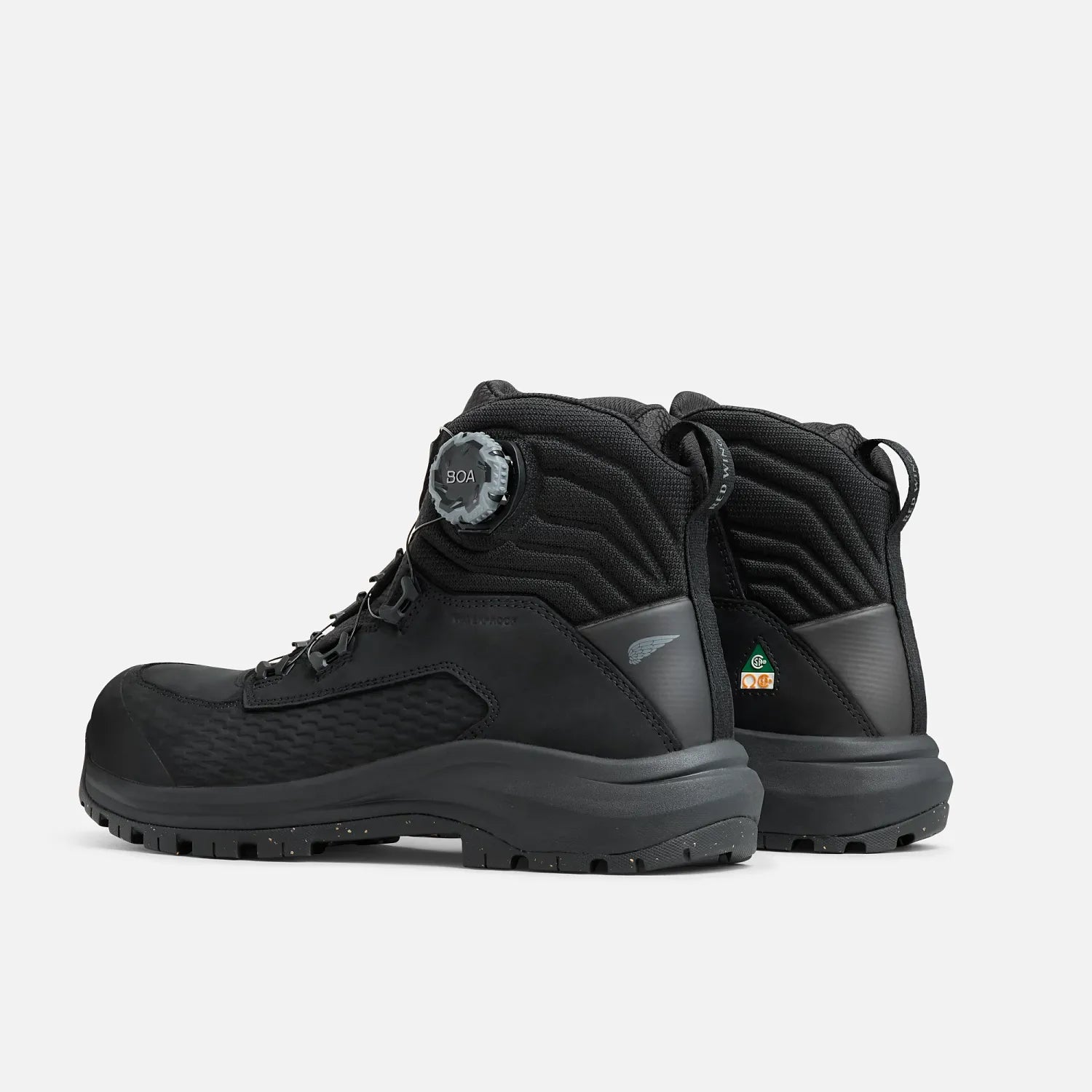 Red Wing 3574 Apex BOA Safety Boot – Rear 3/4 View – CSA and Safety Certification Labels on Heel