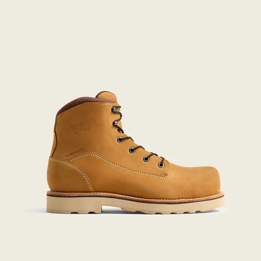 Red Wing 3582 Traction Tred Lite Waterproof 6-Inch Safety Boot – Lateral Side View – Golden Brown Nubuck Leather – Waterproof Embossed Upper