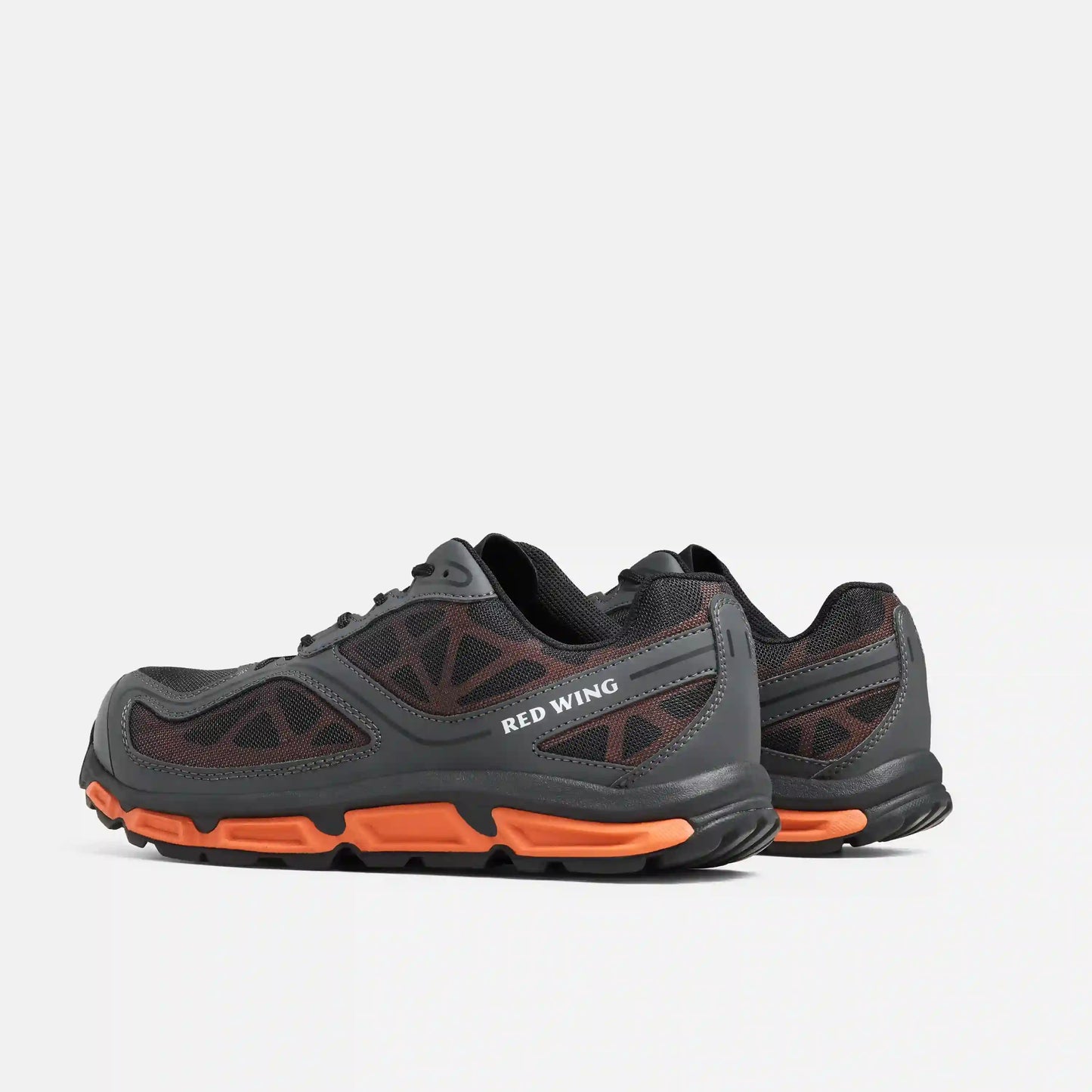 Red Wing 6338 Athletics Sport Safety Shoe — Rear View Pair, Red Wing Branding, Orange Midsole