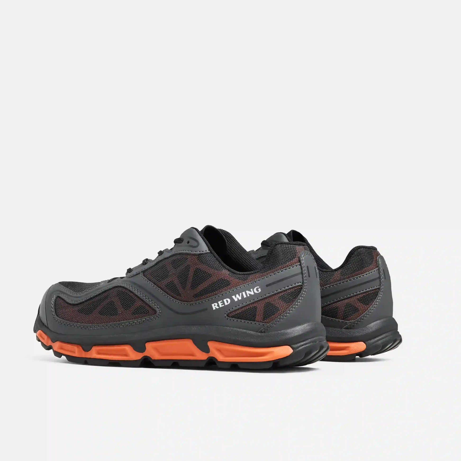 Red Wing 6338 Athletics Sport Safety Shoe — Rear View Pair, Red Wing Branding, Orange Midsole