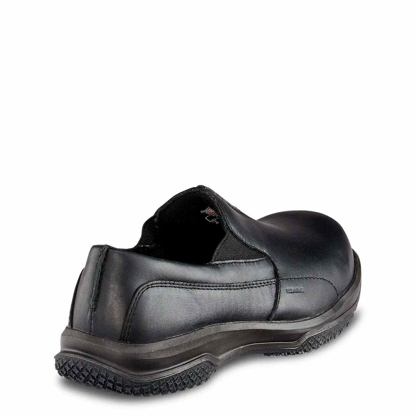 Red Wing 6646 Black Slip-On Safety Shoe — Rear View, Elastic Gusset, Padded Collar, Black Leather