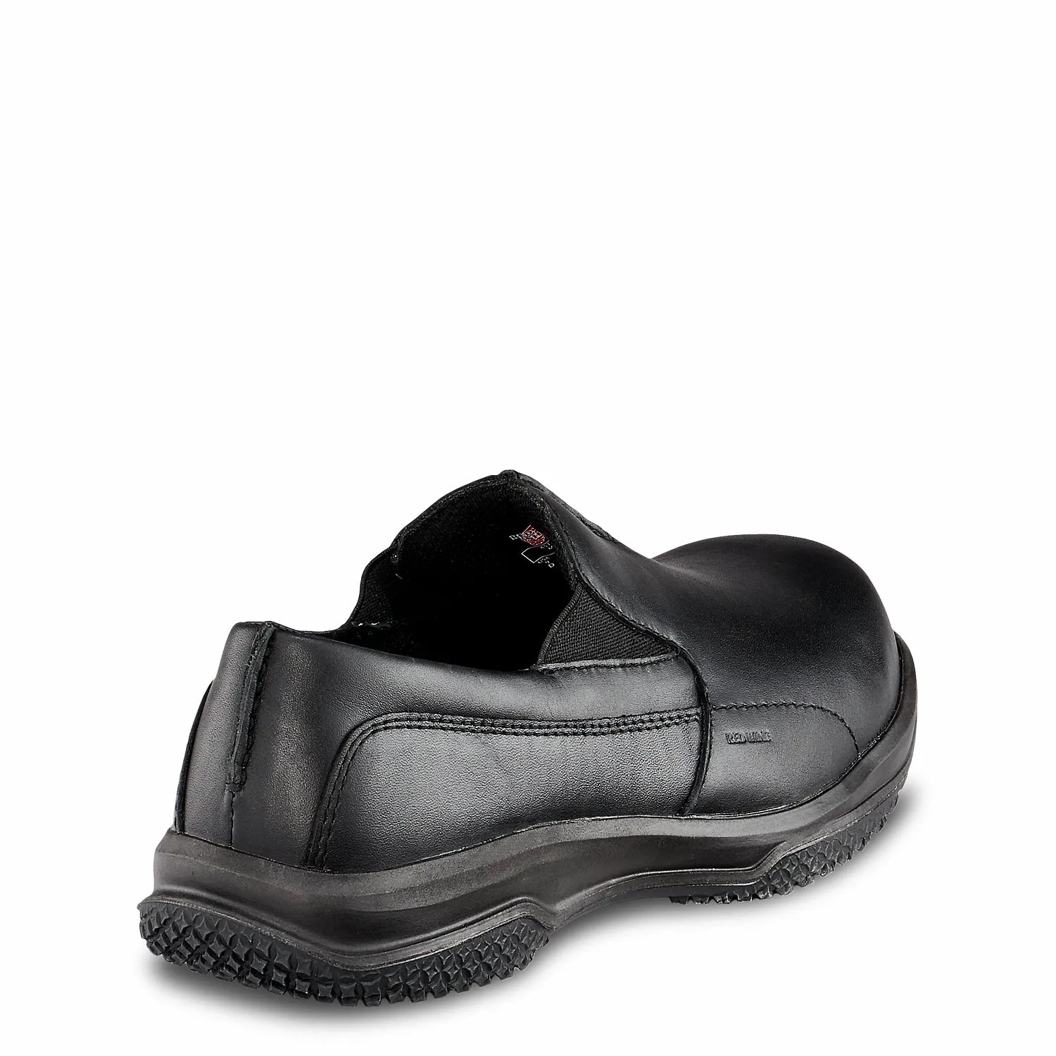 Red Wing 6646 Black Slip-On Safety Shoe — Rear View, Elastic Gusset, Padded Collar, Black Leather