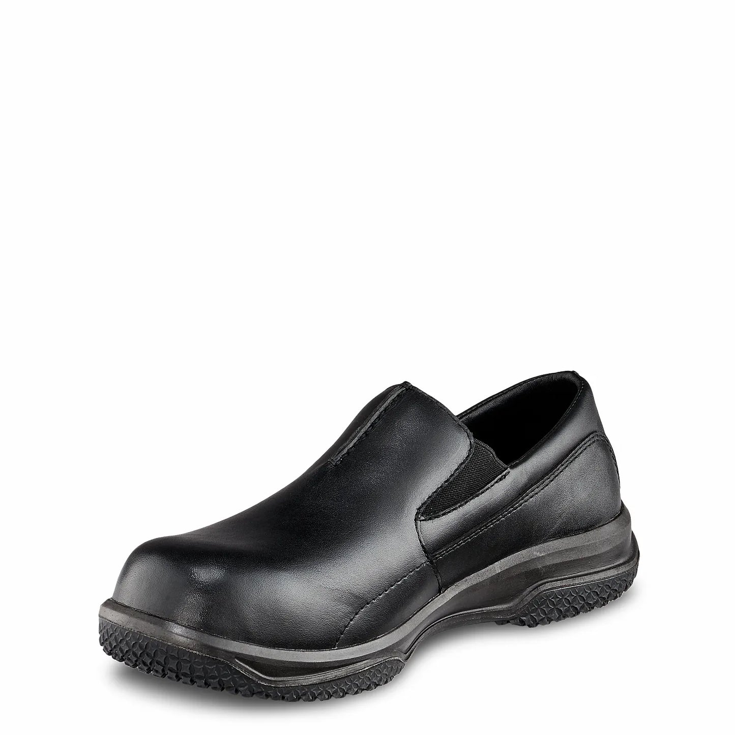 Red Wing 6646 Black Low Cut Safety Shoe — Side Profile, Slip-On, Smooth Black Leather Upper
