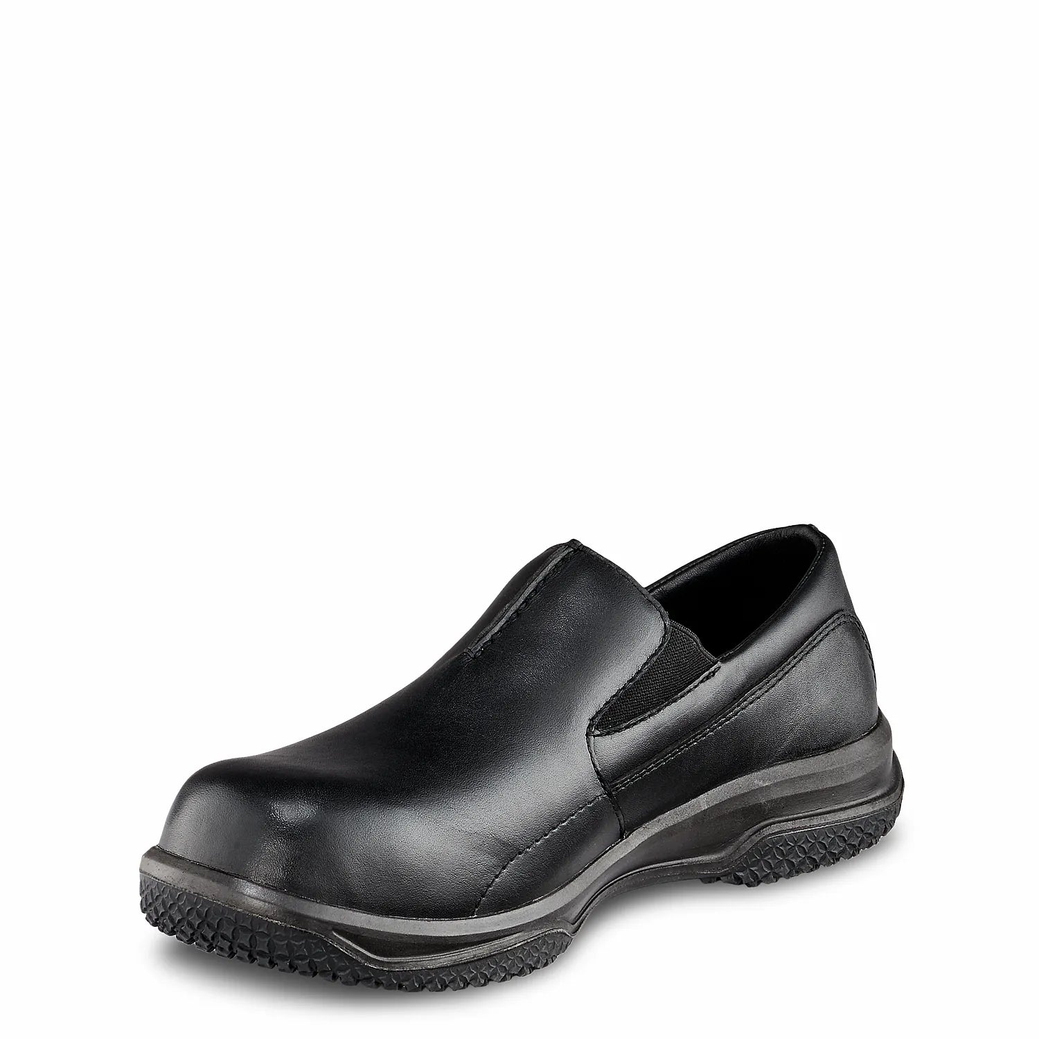 Red Wing 6646 Black Low Cut Safety Shoe — Side Profile, Slip-On, Smooth Black Leather Upper