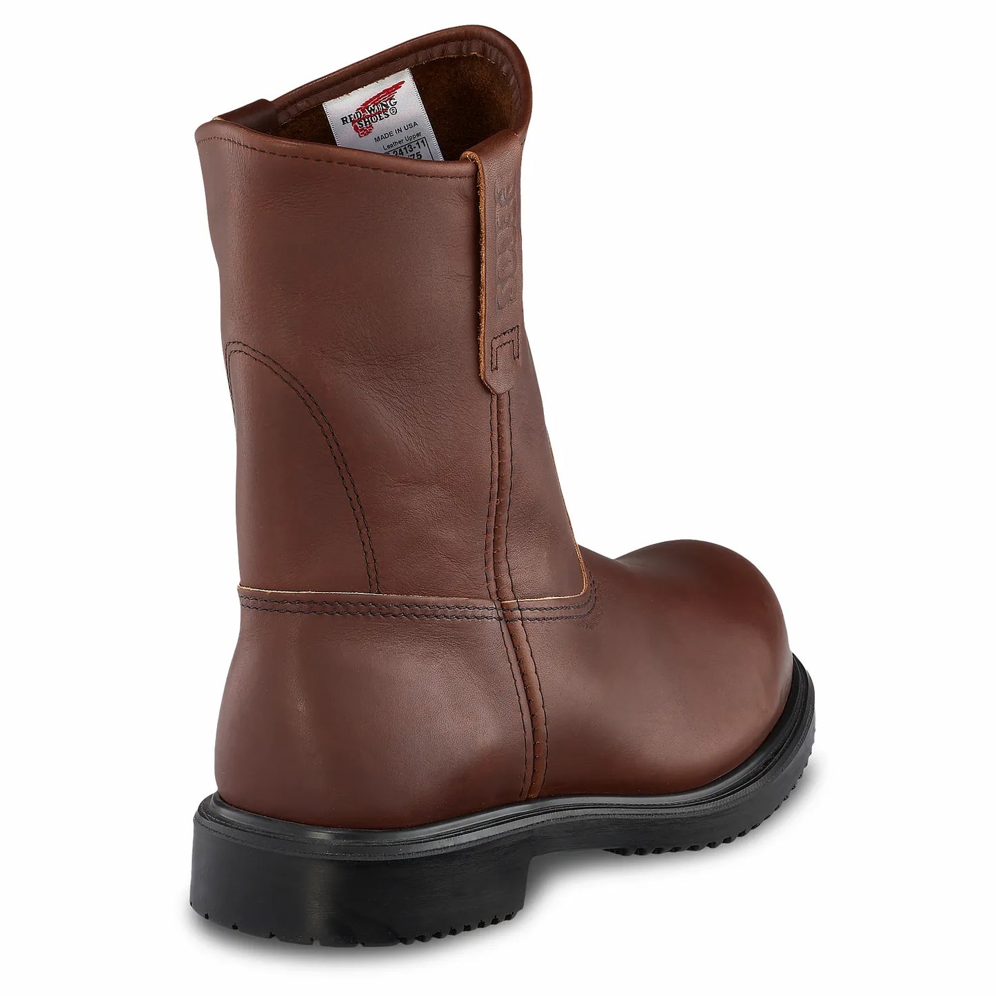 Red Wing 8241 SuperSole Pull-On Safety Boot — Rear View, Made in USA Label, Leather Upper, Pull Tab