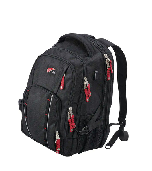 Red Wing 69019 Backpack — Front View, Ballistic Nylon, Red Zipper Pulls, Red Wing Logo, Black
