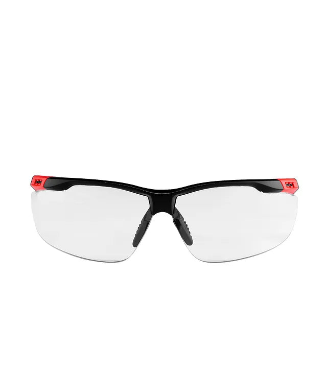 Red Wing 95213 Safety Glasses — Front View, Clear Lens, Black Frame, Red Accent Hinges, Anti-Fog