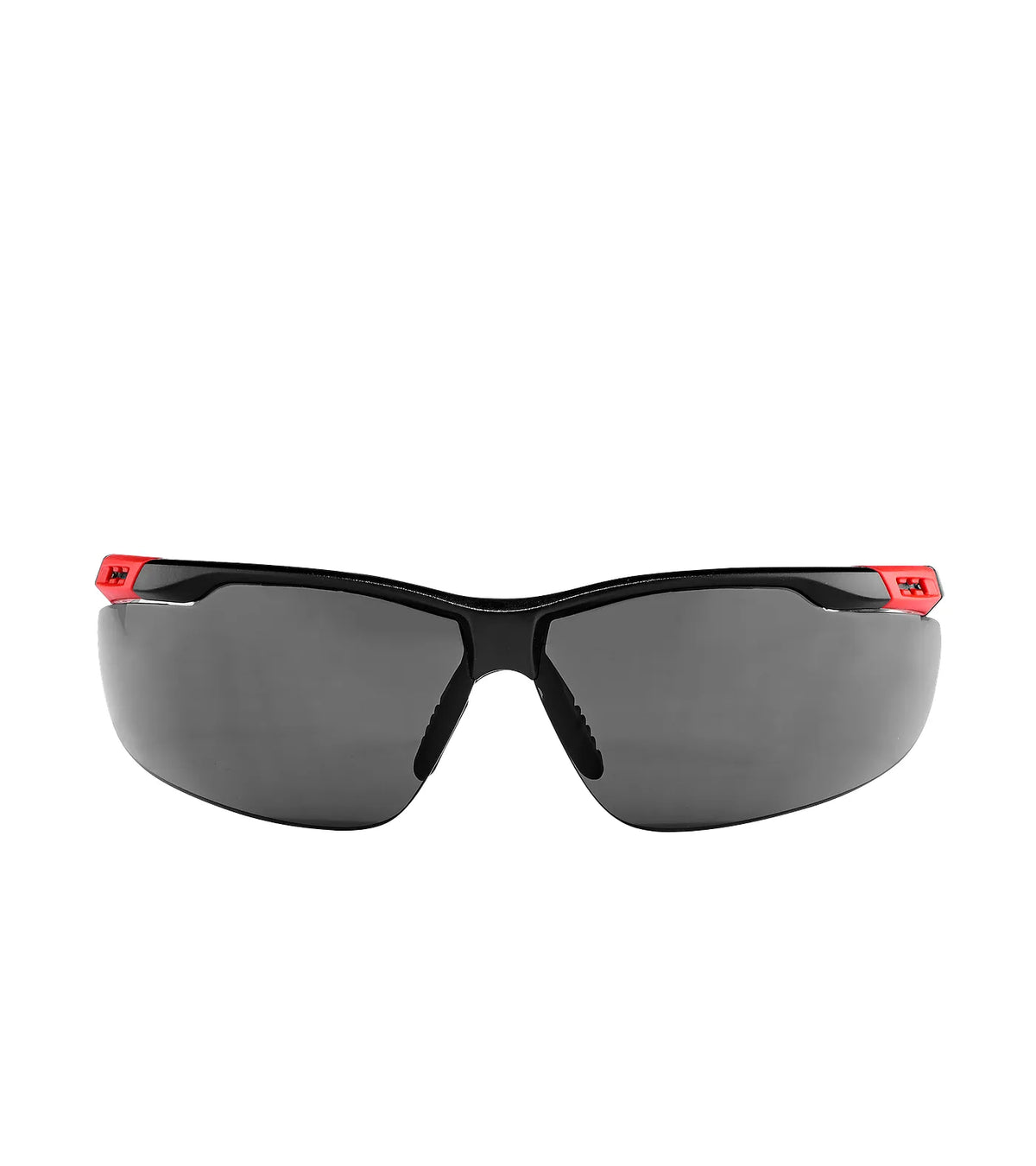 Red Wing 95213 Safety Glasses — Front View, Smoke Lens, Black Frame, Red Accent Hinges, Anti-Fog