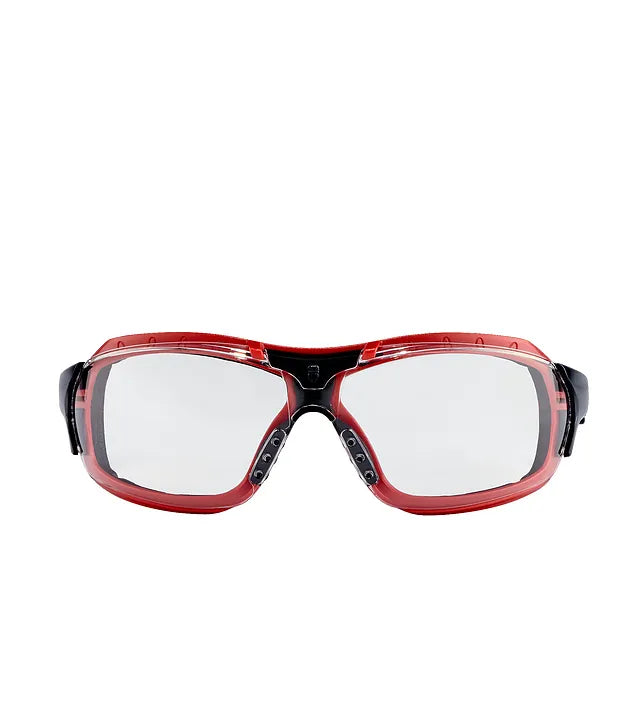 Red Wing 95214 Safety Glasses — Front View, Clear Lens, Red & Black Wraparound Frame, Anti-Fog