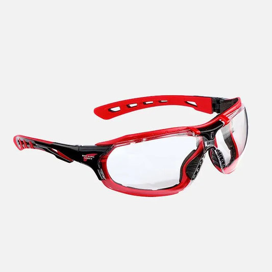 Red Wing 95214 Heavy Weight Safety Glasses — Clear Lens, Red & Black Frame, Foam Gasket, Anti-Fog
