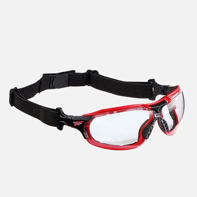 Red Wing 95214 Safety Glasses — Elastic Head Strap Mode, Clear Lens, Red Frame, Foam Gasket Seal