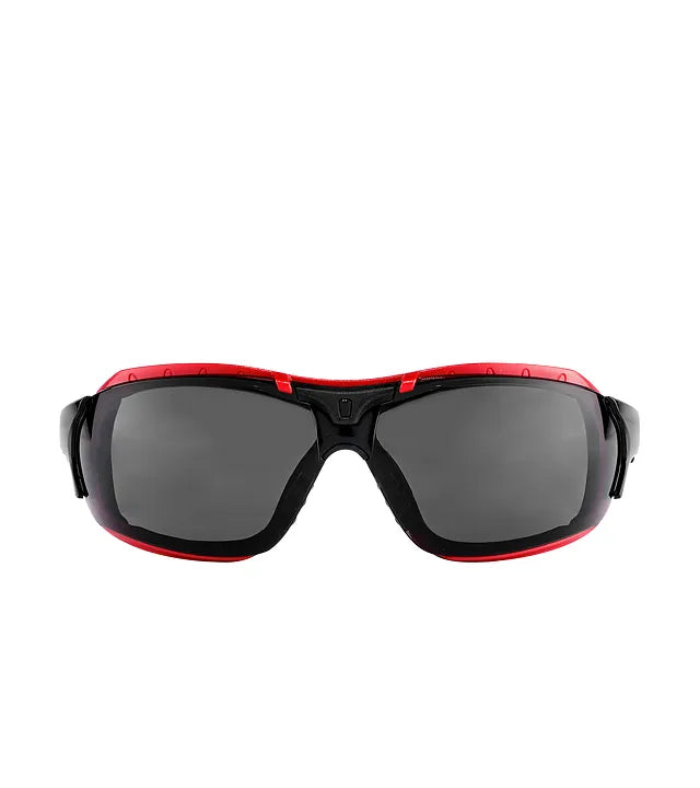 Red Wing 95214 Safety Glasses — Front View, Smoke Lens, Red & Black Wraparound Frame, Anti-Fog