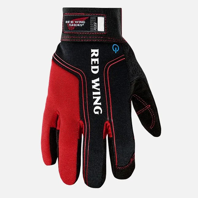 Red Wing 95247 Master Flex Safety Gloves — Dorsal View, Red Wing Embroidery, Master Flex Wrist Strap, Black & Red