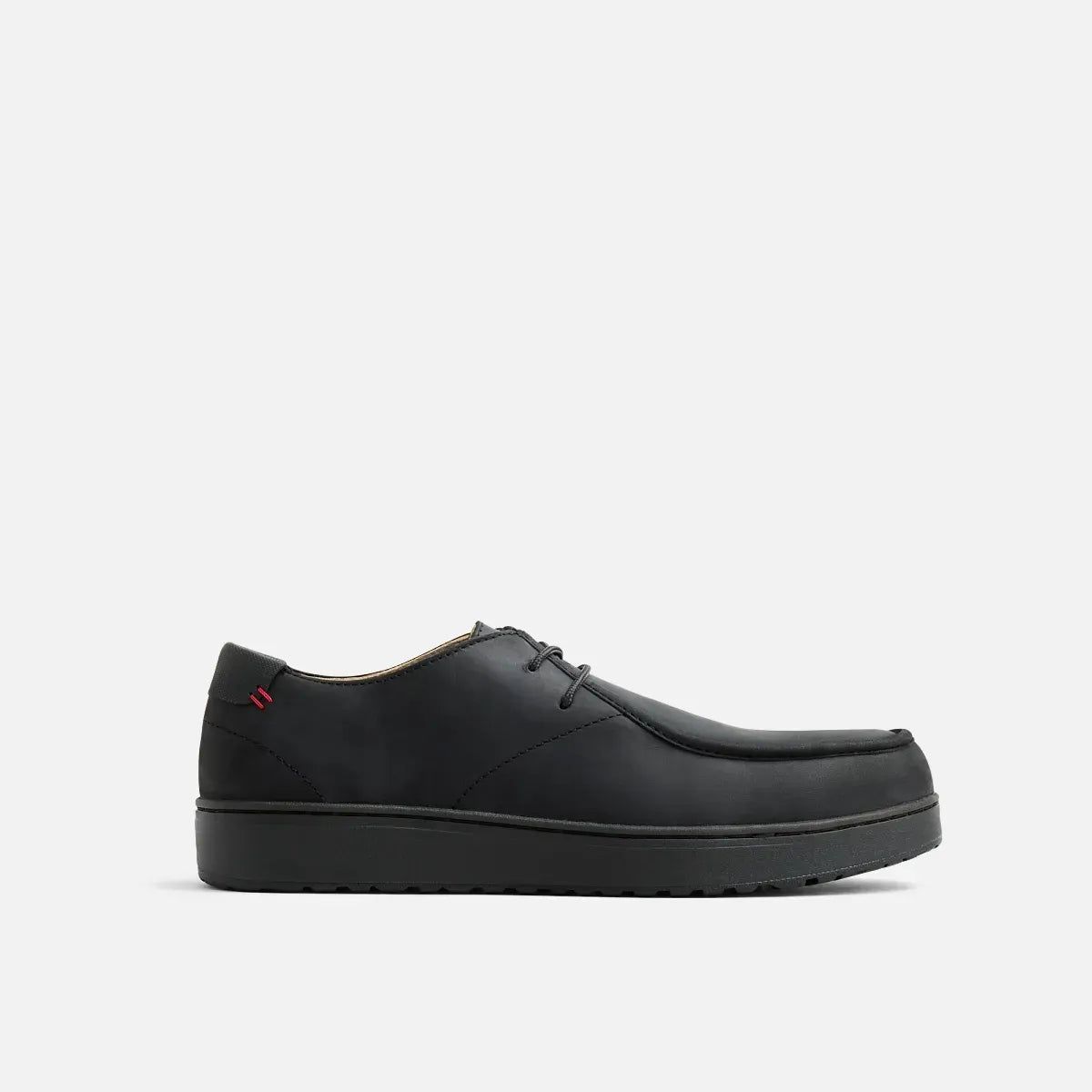 Red Wing 2182 Draftsmith Oxford Safety Shoe - lateral side view, black full grain oiled leather upper with moc toe stitching and lace-up closure